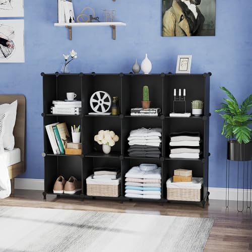 AWTATOS Cube Storage Organizer Storage 12 Cube Bookshelf DIY Plastic Closet Storage Shelves with Wooden Mallet, Ideal Storage Solution for Home, Bedroom, Black