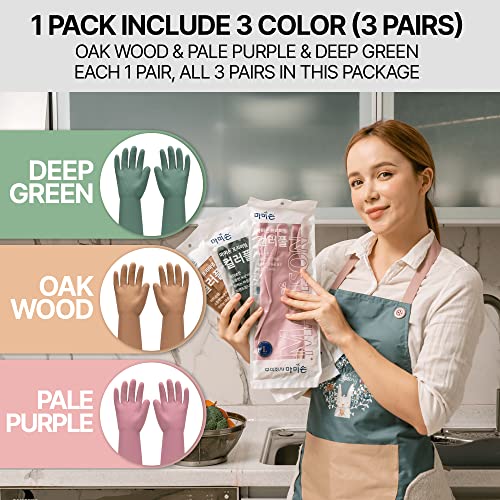 MAMISON 3 Pairs Colorful Reusable Waterproof Household Dishwashing Cleaning Rubber Gloves, Non-Slip Kitchen Glove (Medium)