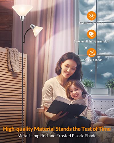 LEPOWER Floor Lamp, Standing Lamp with Replaceable 3000K Energy-Saving LED Bulbs,9W Lamp for Living Room with 5W Adjustable Reading Light, Modern Bright Floor Lamp for Bedroom, Living Room, Office