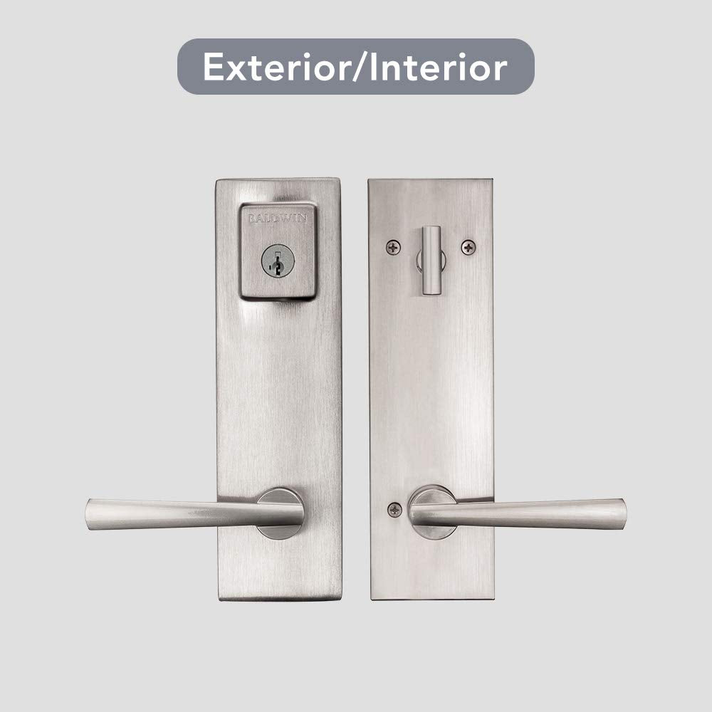 Baldwin Spyglass Single Cylinder Front Door Handleset Featuring SmartKey Security in Satin Nickel, Prestige Series with a Modern Contemporary Slim Door Handleset and Square Lever