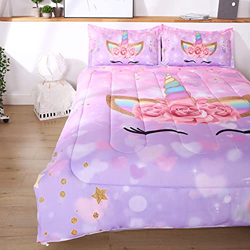 Oecpkd Cute Unicorn Comforter Sets Rainbow Soft Girls Comforter Sets 3pc Pink Flower Girl Unicorn Bedding Sets