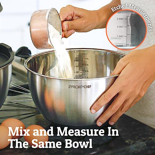 Priority Chef Premium Stainless Steel Mixing Bowls With Airtight Lids - Thick Metal Nesting Bowls for Kitchen, 1.5/2/3/4/5 Quart, Black