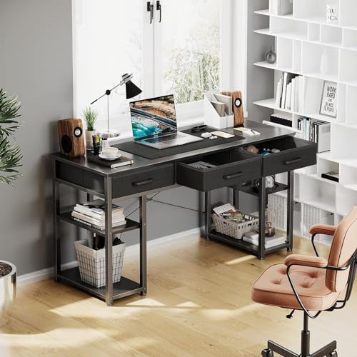 ODK Office Small Computer Desk: Home Table with Fabric Drawers & Storage Shelves, Modern Writing Desk, Black, 48"x16"