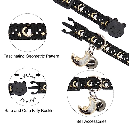 Giecooh 2 Pack Breakaway Cat Collar with Bells, Adjustable Moon and Star Kitten Safety Collars for Boys & Girls, Black+Blue