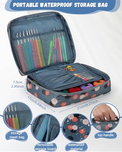Katech 65 pcs Yarn Crochet Kits - Different Sizes Crochet Hooks Set DIY Yarn Weaving Tools Ergonomic Crochet Needles with 16 pcs Colorful Yarn Skeins for Crochet Lovers to Crochet and Knit (Blue)