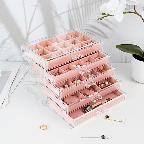 KAMIER Earring Jewelry Organizer with 20 Pcs Portable Jewelry Bag, Clear Acrylic Jewelry Organizer Box for Women with 5 Drawers for Earrings Ring Bracelet Necklace