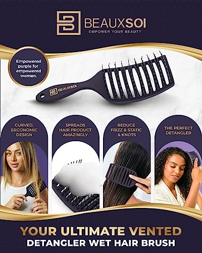 BEAUXSOI Vented Hair Brush Detangler | Hair Detangling Shower Brush | Curved Vent Brush for Blow Drying| Wide Frame Detangling Brush for Thick Coiley or Straight Hair (Empowered Purple)