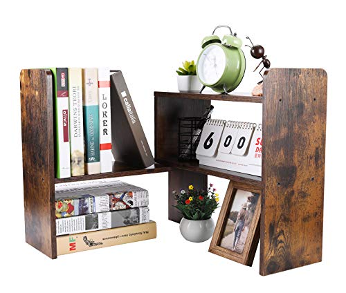 PAG Desk Organizer Desktop Shelf Adjustable Countertop Bookshelf Small Table Shelves Book Organizer Office Organization for Desk, Antique Brown