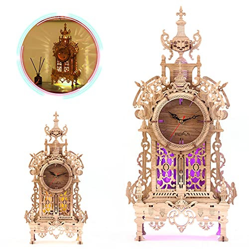 FUNPOLA 3D Wood Puzzle LED Tower Clock, 3D Puzzle Building Desktop Clock Model DIY Architectural Building Blocks (LED-TC01 Wood)