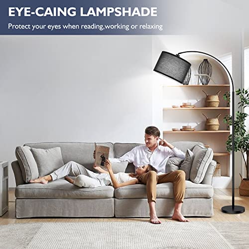 Arc Floor Lamps for Living Room, Modern Remote Control Standing Lamp with Stepless Dimmable, Black Tall Lamp with Gary Drum Shade, Over Couch Arched Reading Light for Bedroom, Office(Bulb Included)