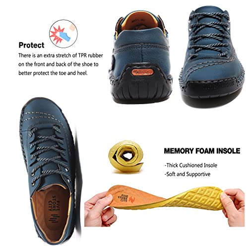 FiveStoresCity Mens Casual Shoes Summer Breathable Sneakers Loafers Walking Shoes Handmade Lace-Up Leather Dress Flats Shoes for Driving Business Working Office Blue Size 7.5