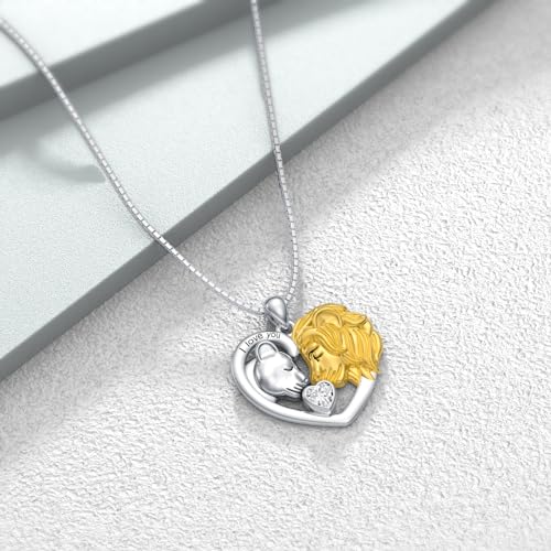 LONAGO Lion Heart Necklace Lioness and Lion Necklace with Birthstone Silver Jewelry Gift for Women (April - Created Diamond)