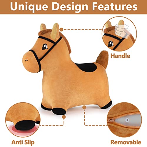 iPlay, iLearn Bouncy Pals Brown Hopping Horse, Toddler Plush Animal Hopper Toy, Kids Inflatable Ride on Bouncer W/Pump, Indoor Outdoor Jumper, Birthday Gifts for 18 24 Months 2 3 Year Old Boys Girls