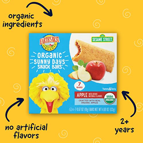 Earth's Best Organic Kids Snacks, Sesame Street Toddler Snacks, Organic Sunny Days Snack Bars for Toddlers 2 Years and Older, Apple with Other Natural Flavors, 7 Bars per Box (Pack of 6)
