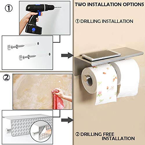 Alise Double Toilet Paper Holder,Bathroom Tissue Holder with Shelf,SUS304 Stainless Steel Toilet Paper Roll Holder Storage Dispenser,Self Adhesive or Wall Mount Drilling,Matte Black,GYT880-B