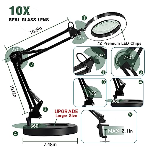 Nerefou Magnifying Glass with Light and Stand, 10X Magnifying Lamp, 2-in-1 Magnifying Desk Lamp with Clamp, 3 Color Mode, Magnifying Glasses with Light for Close Work (1st Generation Base & Clamp)