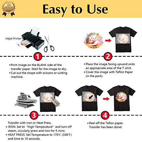 TransOurDream Tru-Heat Transfer Paper for Inkjet Printer (10 Sheets, 8.5x11") Printable Heat Transfer Vinyl for T Shirts Iron on Transfers for Dark Fabrics