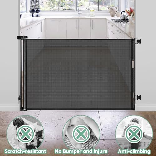 55 Inch Retractable Baby Gate Retractable Dog Gate for The House Retractable Pet Gate for Dogs Indoor Retractable Baby Gates for Doorways Mesh Baby Gate Retractable Mesh Gates for Kids Or Pets (Black)