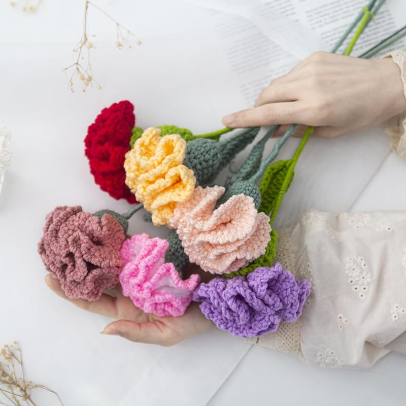 HIPIHOM Crochet Flowers,1 Pcs Knitted Artificial Wool Carnation for Mother's Day Wedding Bouquet Anniversary (Blue)
