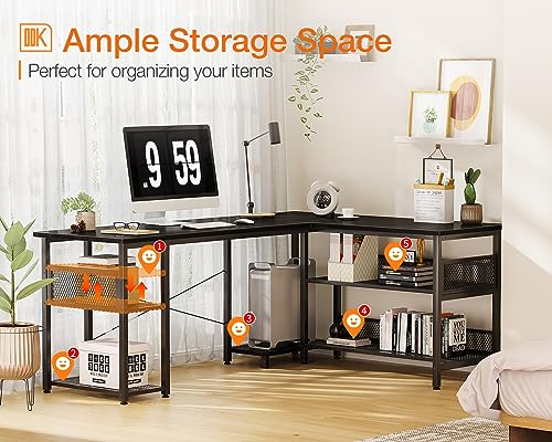 ODK 59" L Shaped Desk with Power Outlet and USB Charging Ports, Reversible L Shaped Computer Desk with Storage Shelves, Home Office Desk, Gaming Desk, Corner Desk, Black
