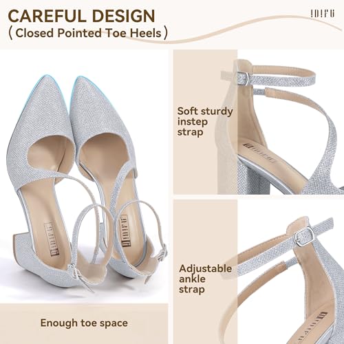 IDIFU Hot Pink Pumps Heels Closed Toe Strappy Heels Dressy Low Chunky Block Heels Comfortable Ankle Strap Pointed Toe Heels Trendy Wedding Party Dress Shoes Fashion Pumps Shoes(Hot Pink Suede, 12)