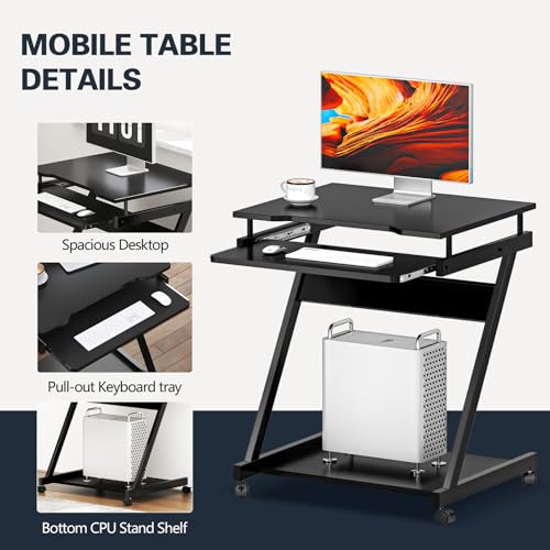 sogesfurniture Mobile Computer Desk, Small Rolling Work Workstation for Home and Office with Printer Shelf, Keyboard Drawers,23.6 x 18.9 x 28.7 Inches,BHUS-DX-8110-BB(Black)