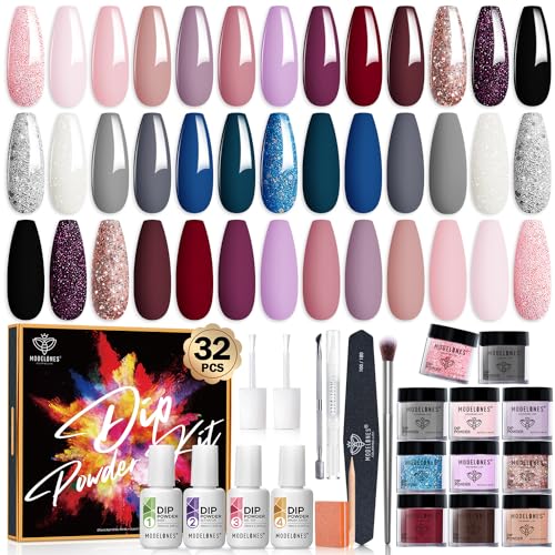 Modelones 32 Pcs Dip Powder Nail Kit Starter, 20 Colors Nude Pink Skin Tone Neutral Acrylic Dipping Powder System Essential Liquid Set with Top/Base Coat Activator Brush Saver for French Nail Art Gift