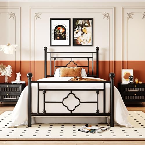 Allewie Twin Size Metal Platform Bed Frame with Victorian Vintage Headboard and Footboard/Mattress Foundation/Under Bed Storage/No Box Spring Needed/Noise-Free/Easy Assembly, Black