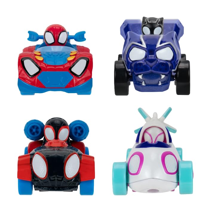 Jazwares Marvel Spidey and Friends 4-Pack Die-Cast Vehicles - Includes Spidey, Ghost-Spider, Black Panther, Miles Morales - Superhero Toys for Kids 3+