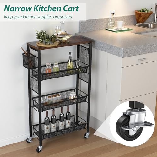 YITAHOME 4-Tier Slim Kitchen Storage Cart, Rolling Spice Rack Next to Fridge, 7.3“ Inch Deep Kitchen Trolley with Wheels, Wood Tabletop & Wire Mesh Baskets, Mobile Narrow Shelf, Black