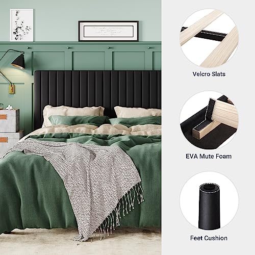 Allewie Full Bed Frame, Velvet Upholstered Platform Bed with Vertical Channel Tufted Headboard, Mattress Foundation with Strong Wooden Slats, Box Spring Optional, Easy Assembly, Black