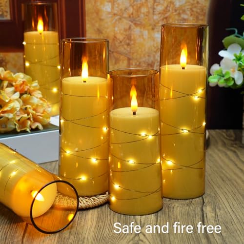kakoya Flameless LED Candles with Timer 9 Pc Flickering Flameless Candles for Romantic Ambiance and Home Decoration Stable Acrylic Shell,with Embedded Star String,Battery Operated Candles(Orange)