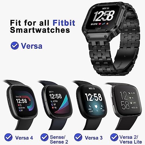 SUPLINK Stainless Steel Case & Band Compatible with Fitbit Versa 4 Bands/Versa 3/Versa/Versa 2 Watch bands Men,Protector Cover Strap for Fitbit Sense/Versa Lite/Fitbit Sense 2 Bands,Black