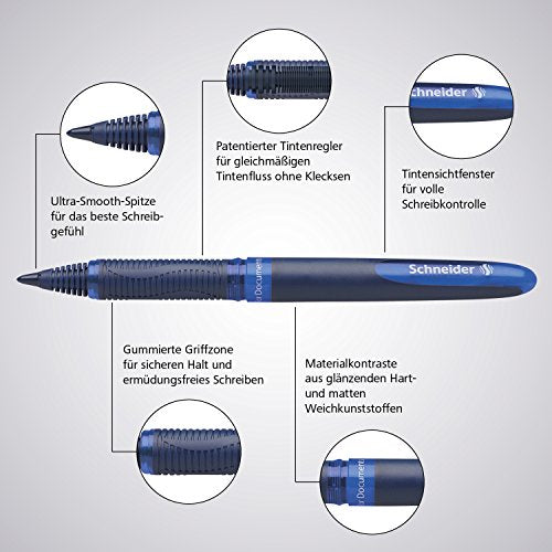 Schneider One Business Rollerball Pen, 0.6 mm Ultra-Smooth Tip, Blue Barrel, Black Ink, Box of 10 Pens (183001)