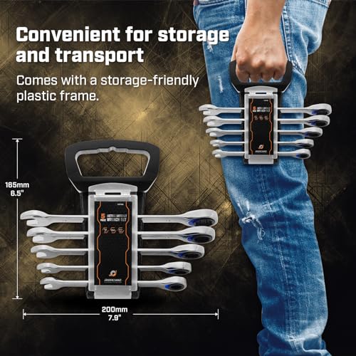 ironcube Ratcheting Wrench Set, 5-Piece, Metric 10mm to 15mm, Chrome Vanadium Steel, 72 Tooth Gear with Storage Rack