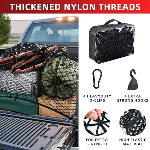 Cargo Net for Pickup Truck Bed,Truck Bed Net,Stretchable Mesh Organizer for Pickup Trunk Bed,Truck Cargo Net with 4 Pcs Metal Carabiner Clips and 4 Hooks,Suitable for Daily Light Loads of Trucks SUV