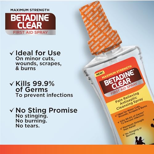 BETADINE Clear First Aid Spray, Max Strength Pain Relieving Antiseptic Cleansing Spray, No Stinging, Kills 99.9% of Germs*, Helps Prevent Infections, 6 oz
