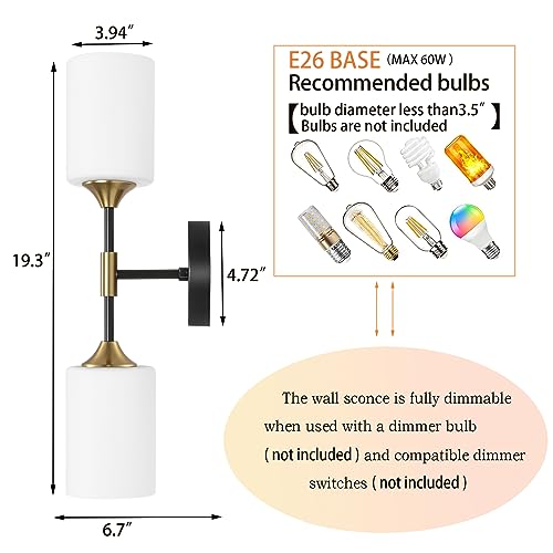 BYOLIIMA Industrial Mid Century Wall Sconce 2-Lights with White Cylinder Glass Shades Modern Bathroom Vanity Wall Lamp Matte Black and Gold Brushed Brass Finished Wall Light Fixture