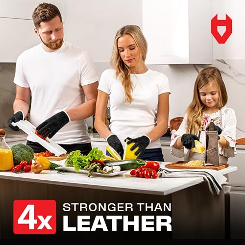 NoCry Cut Resistant Work Gloves for Women and Men, with Reinforced Fingers; Comfortable, 100% Food Grade Kitchen Cooking Gloves; Ambidextrous Safety Cutting Gloves; Level 5 Protection; Black
