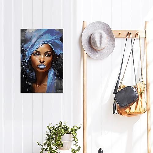 DOARTDO African American Canvas Wall Art Black Women Blue Hair Scarf Pictures Abstract Wall Paintings Black Girl Art Print Framed (12.00" x 18.00", Blue)