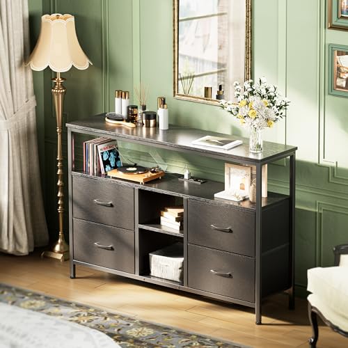 Huuger TV Stand Dresser with Power Outlets and LED Lights, 4 Drawers Entertainment Center with Open Shelf, Media Console for 50 43 Inch TV, Dresser with PU Finish, Black