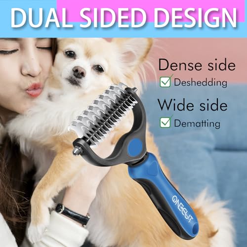 OneCut Pet Grooming Brush and Metal Comb Combo, Pet Grooming Rake and Brushes for Small, Medium & Large Dogs Double Sided Deshedding Tool Removes Knots and Tangled Hair (Blue)