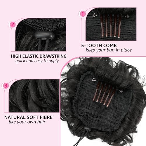UAmy hair Bun Hairpiece Black Brown Hair Fully Short Drawstring Ponytail Bun with Comb Clip Synthtic Chignon Updo Hair Bun for Women Daily Party Use