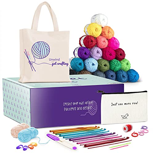 CraftBud 43 Piece Crochet Kit for Beginners Adults and Kids, Small Crochet Set with 9 Crochet Hooks Set and 55 Yards of Yarn for Crocheting Kit, Canvas Tote Bag, Beginner Crochet Kit