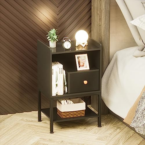 Gannyfer Nightstand with Charging Station,Night Stand with USB Ports and Storage Drawer,Modern 3-Tier End Side Table,Small Wood Bedside Table for Bedroom,Living Room,Black