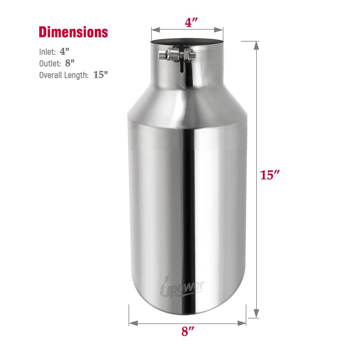 Upower 4 inch Inlet 8 inch Outlet Exhaust Tip Stainless Steel 4" to 8" Tail Pipe Tips 15" Long Bolt-On 45 Degree Angle Cut Universal for Car Truck
