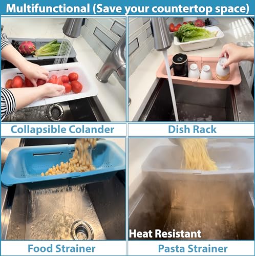 Over the Sink Colander Extendable Basket Strainer to Wash Fruits and Vegetables Food Strainer to Drain Pasta or Dish rack to Dishes-Kitchen Essentials strainers and colanders