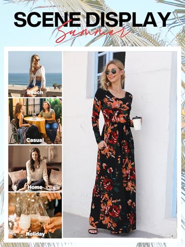 VIISHOW Women's Long Sleeve Loose Plain Maxi Dresses Casual Long Dresses with Pockets(F White Stripes,Meduim)