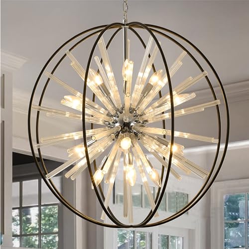 Vezzio 22'' Black and Gold Globe Sputnik Chandelier 10-Light Modern Crystal Chandelier Firework Pendant Light Fixture for Dining Room Living Room Kitchen Island Entryway Foyer Entrance Hallway