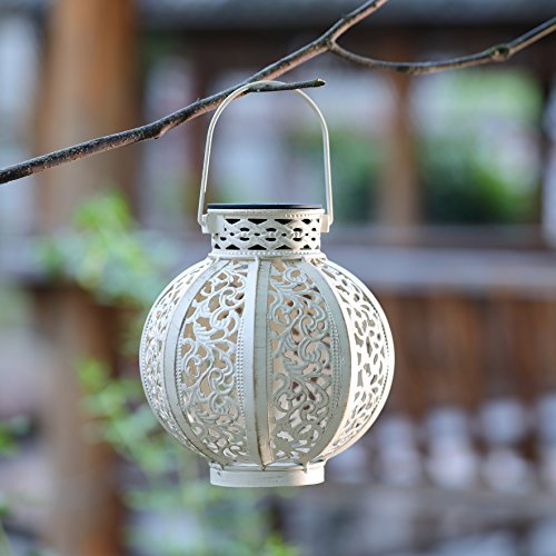 MAGGIFT 2 Pack Hanging Solar Lights Outdoor Solar Lights Retro Hanging Solar Lantern with Handle, 6 Lumens, Beige White
